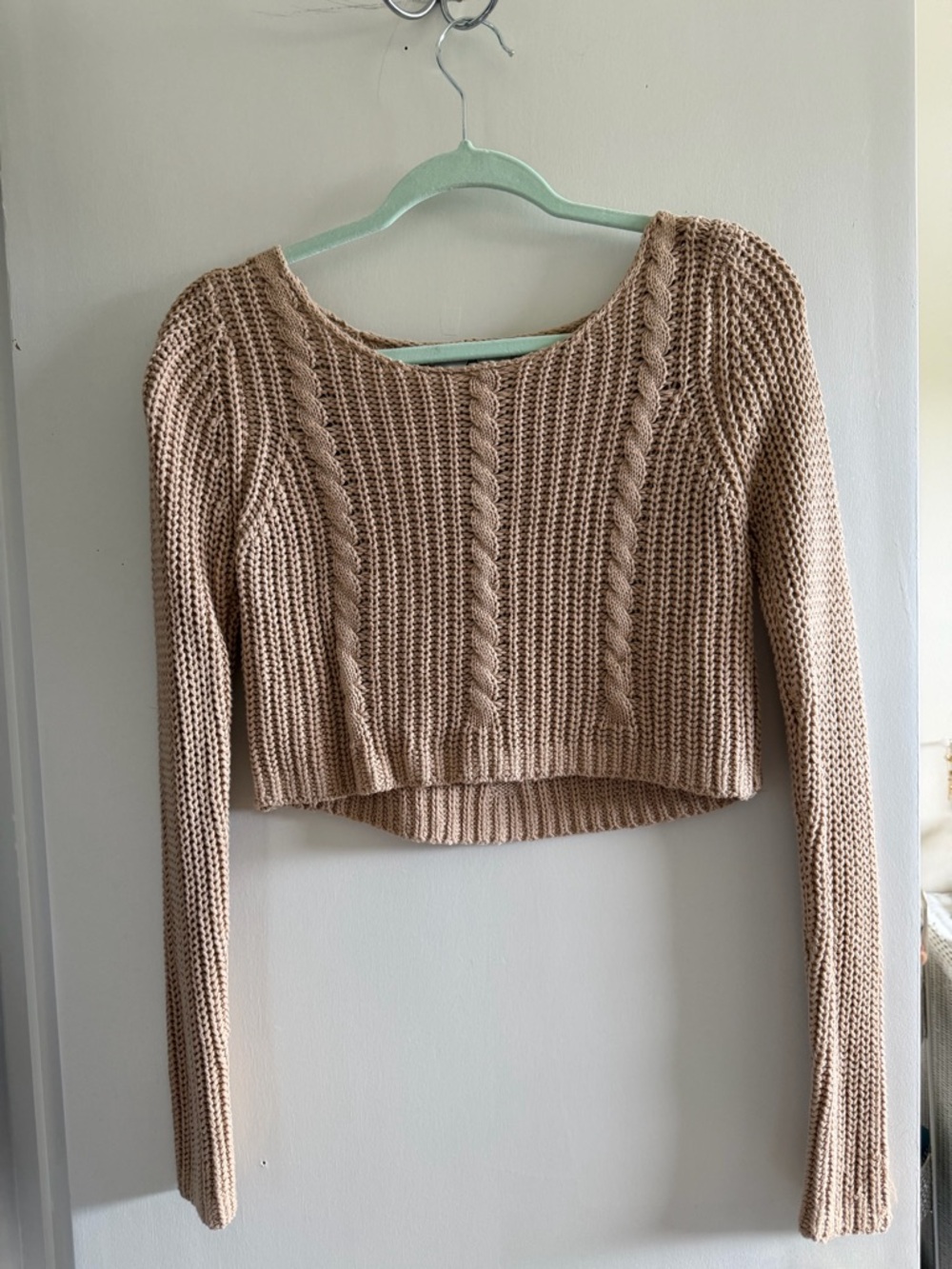 Urban Outfitters Cropped Cable Knit Sweater in Beige